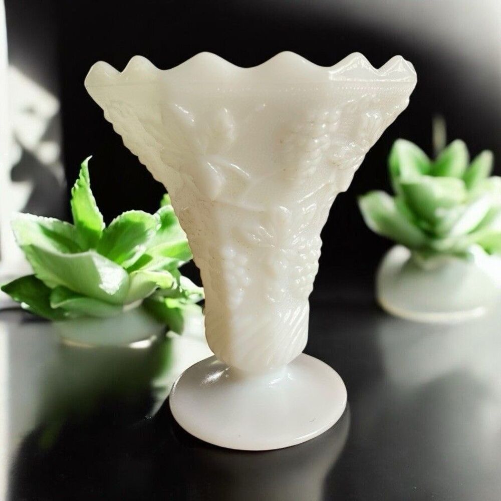 Anchor Hocking Milk Glass Flared Ruffled Vase 6.5" Grapevine Pattern Vintage